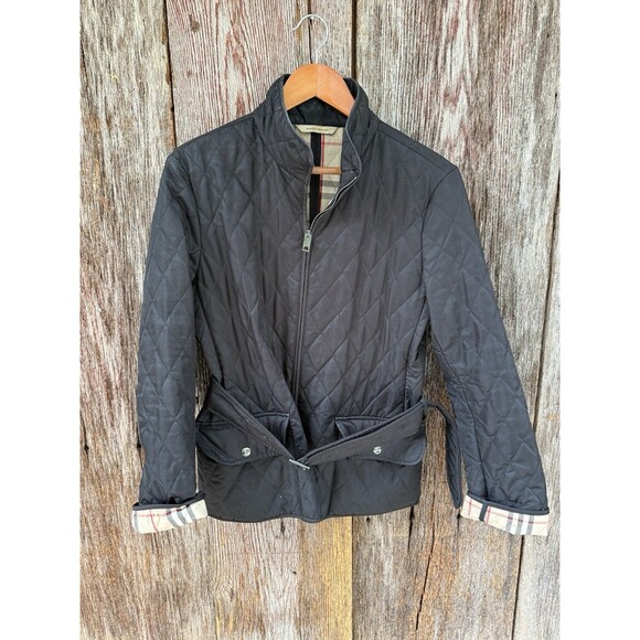 BURBERRY Quilted Coat Jacket Women's Long Hooded Jacket Size L Belted Black - Picture 1 of 11
